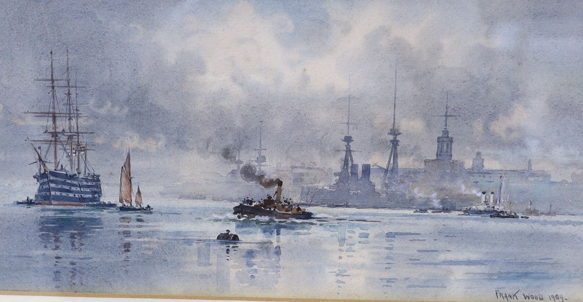 Frank Wood (1904-1985), watercolour, HMS Victory in Portsmouth harbour, signed and dated 1909, 13 x 26cm